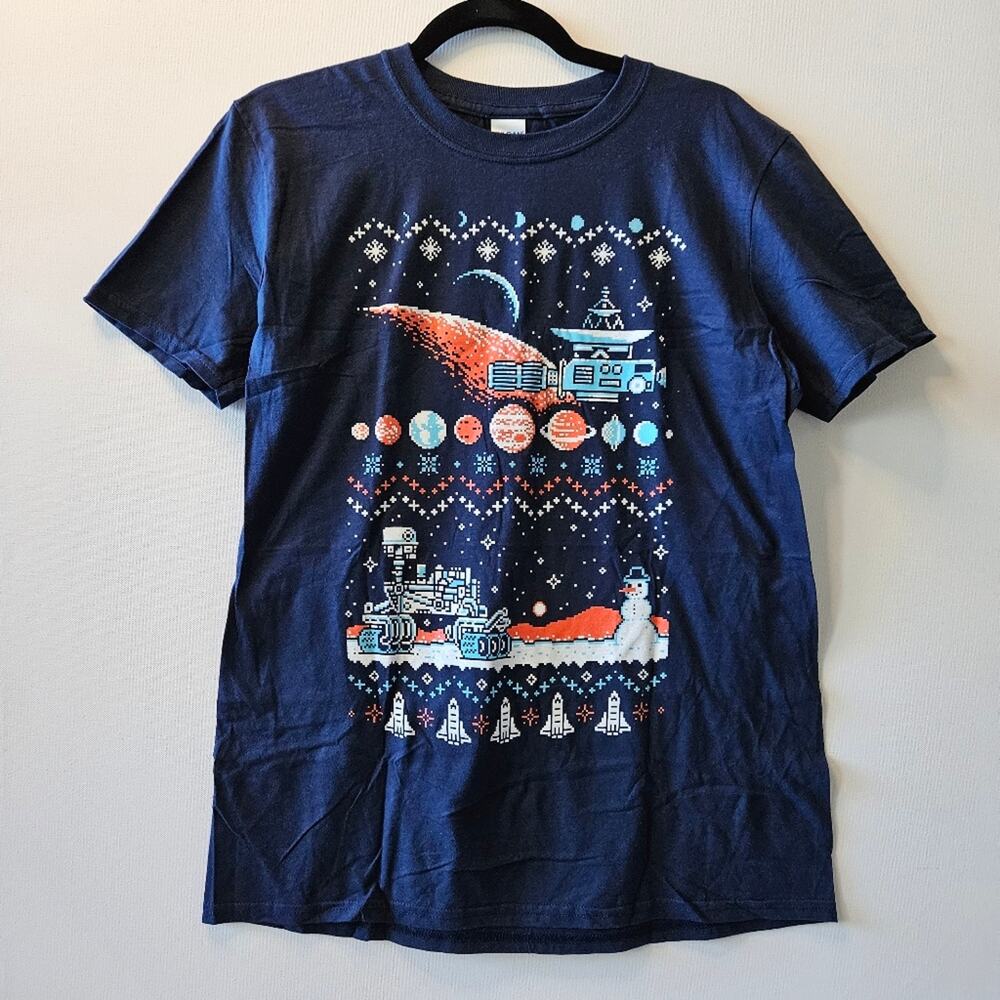 Loot Crate Nasa Christmas Blue Tee Retro 8-bit Mars Rover Medium